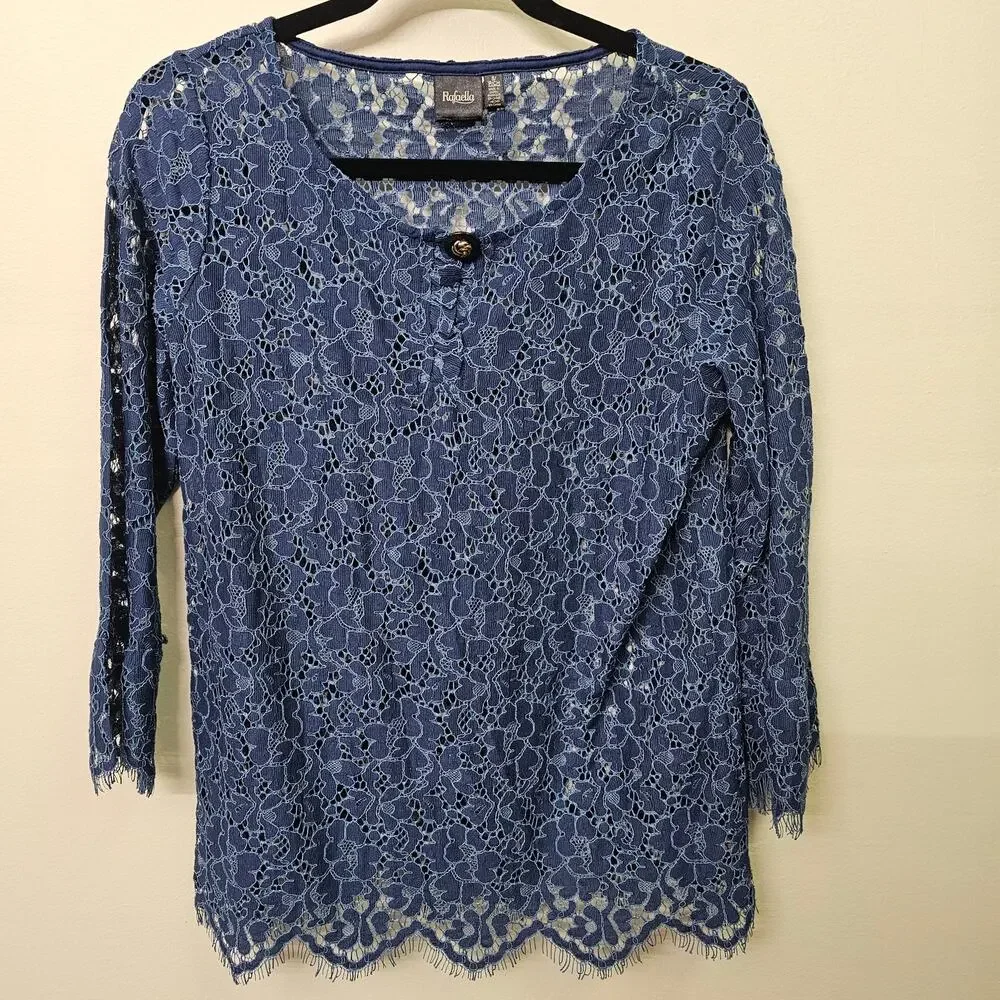 Petite Small Blue Floral Lace Top Eyelash Fringe Hem Crochet Blouse | Rafaella - Picture 2 of 6